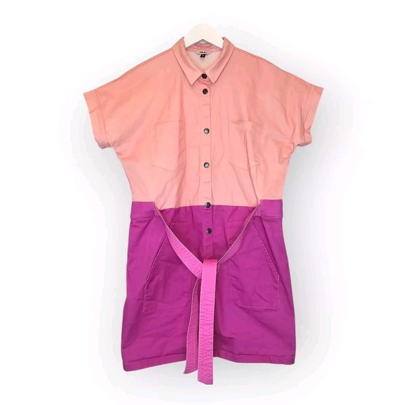 THE KIT Cargo Dress SS Dottie Blush Pink‎ Colorblock Women Medium Relaxed Cotton - Picture 2 of 16